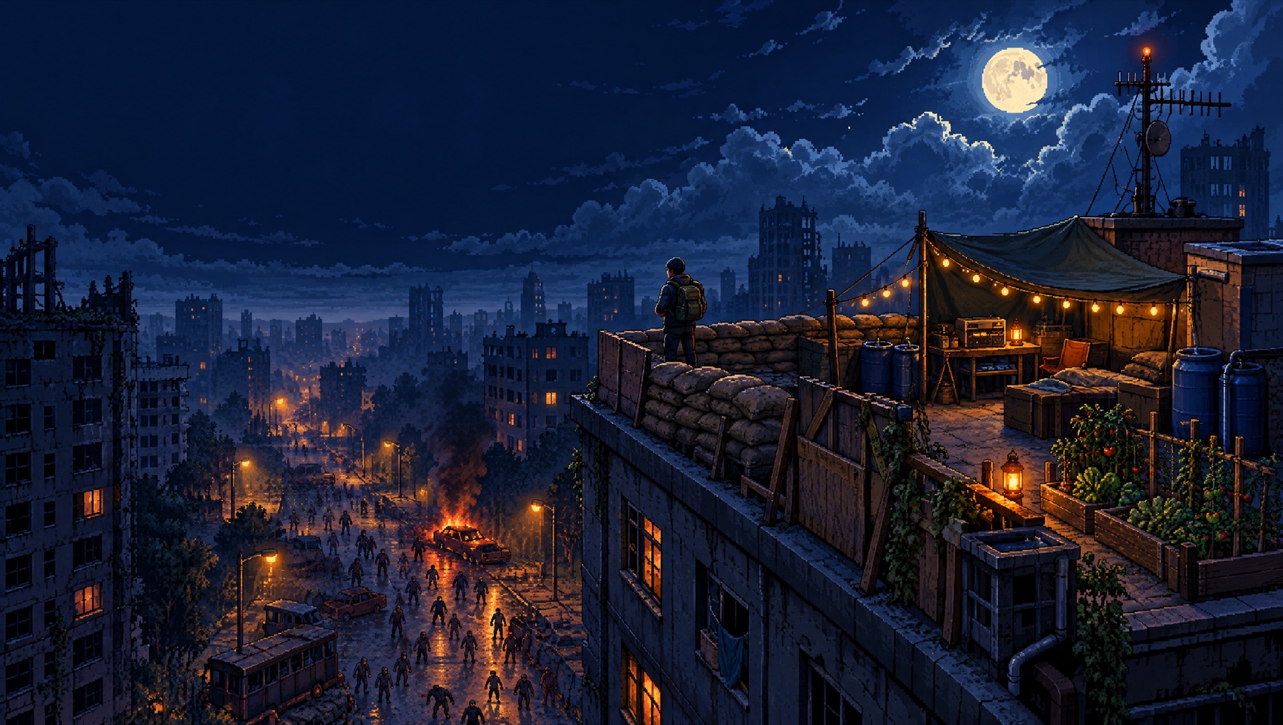Pixel art of a survivor on a fortified rooftop base at night, a zombie horde in the street below